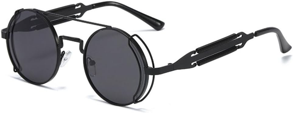 

LVTFCO Модные круглые солнцезащитные очки в стиле стимпанк для мужчин, ретро-очки с металлическим двойным пружинным креплением, уникальные солнцезащитные очки для женщин, Black Grey