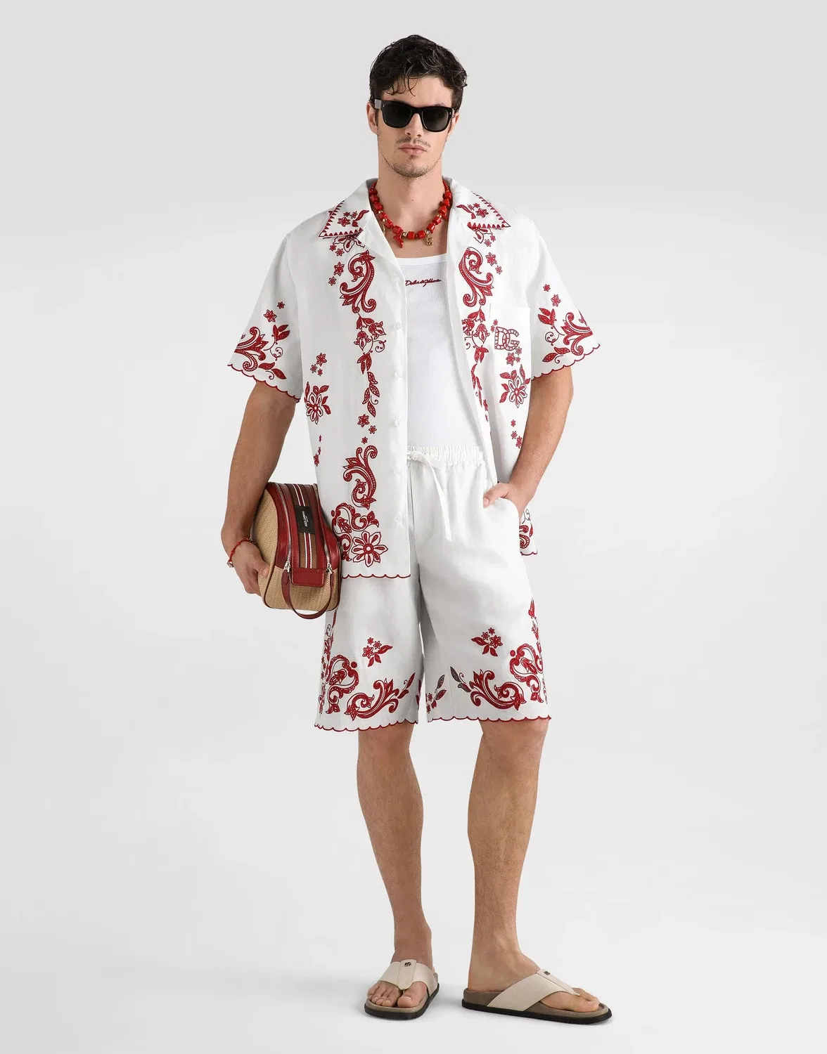 Гавайская льняная рубашка с вышивкой ришелье DOLCE & GABBANA, белый — фото 2
