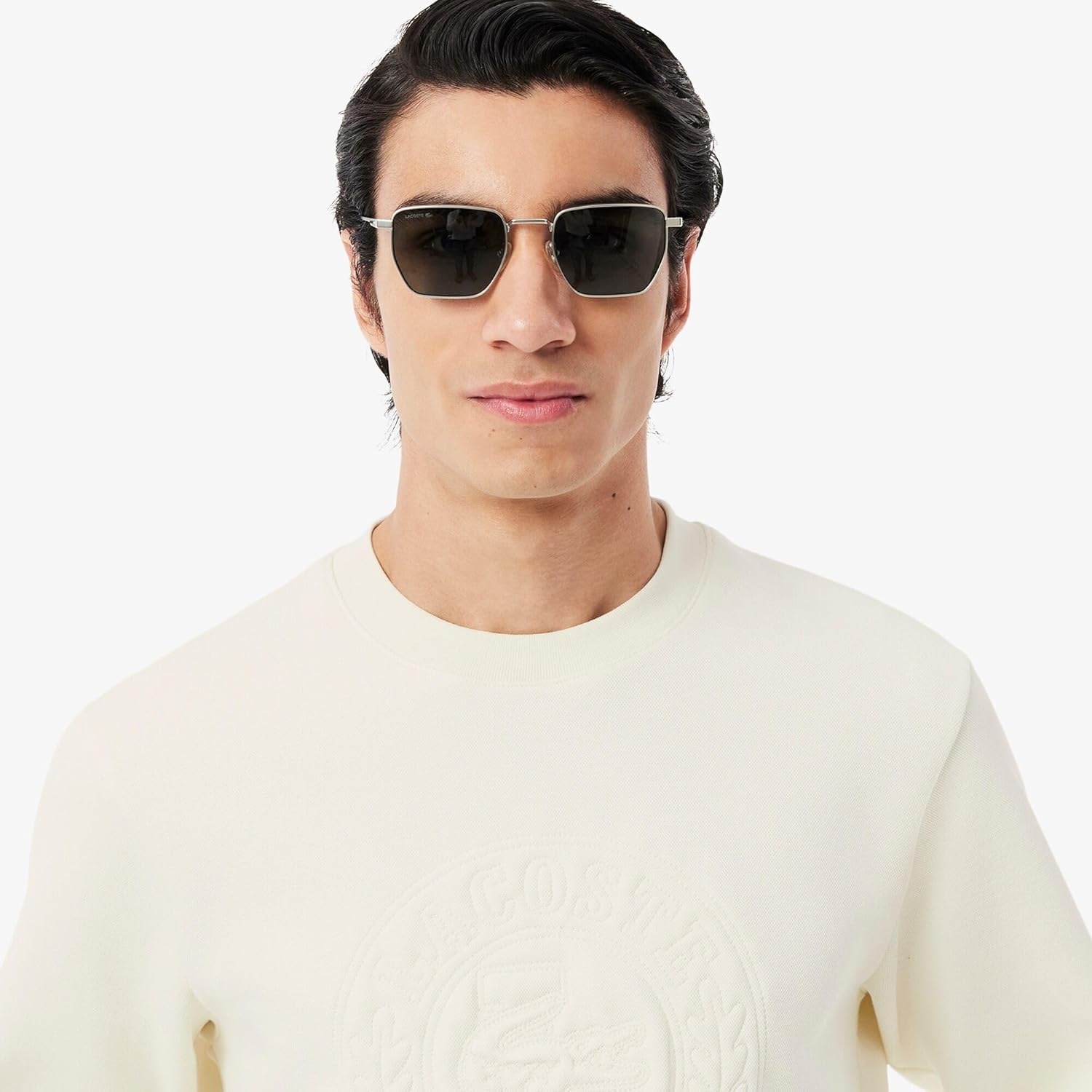 Мужская официальная толстовка LACOSTE с двусторонним круглым вырезом и вышивкой лавровым узором в тон, белый — фото 2