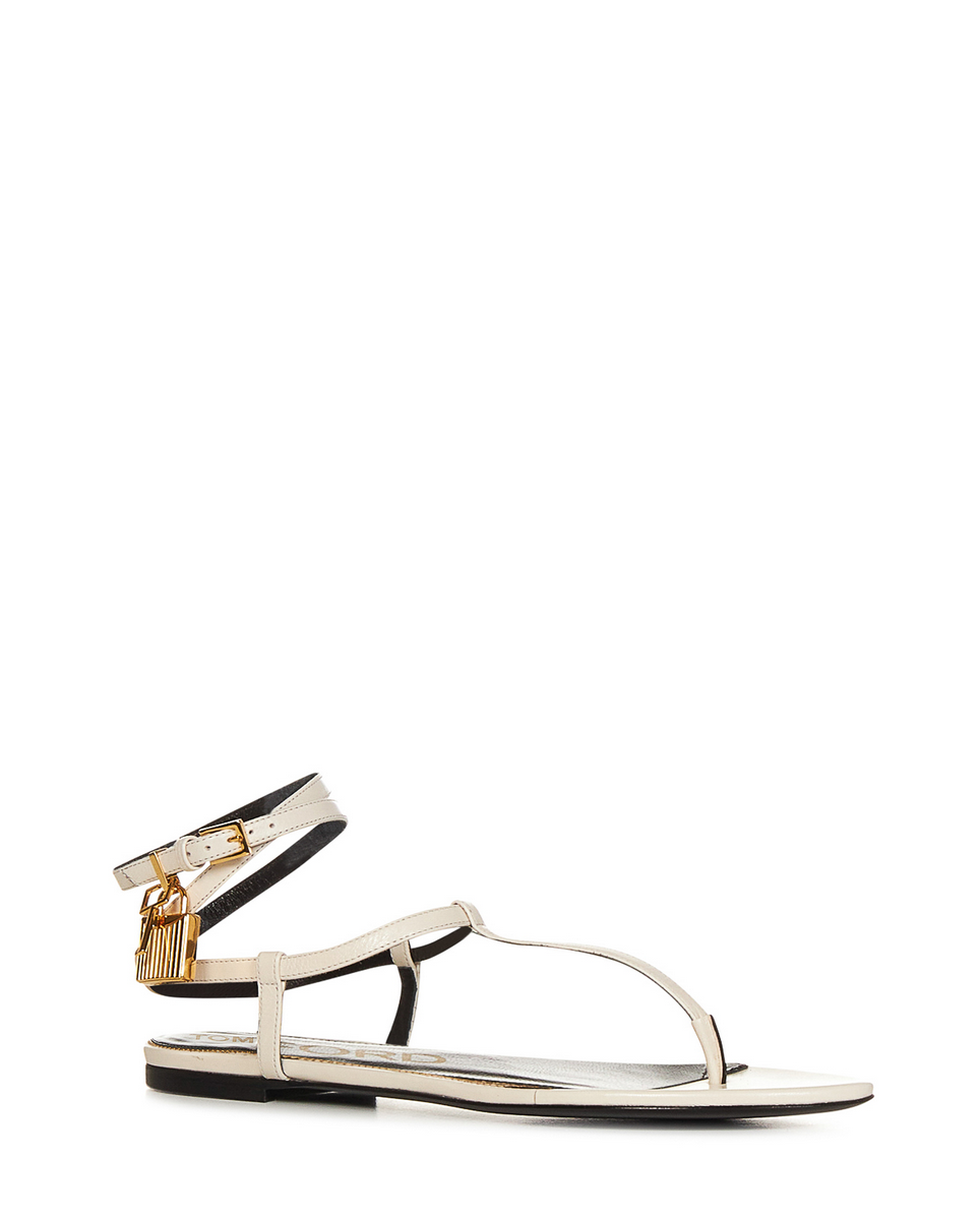 Женские кожаные сандалии Tom Ford Flat белого цвета — фото 3