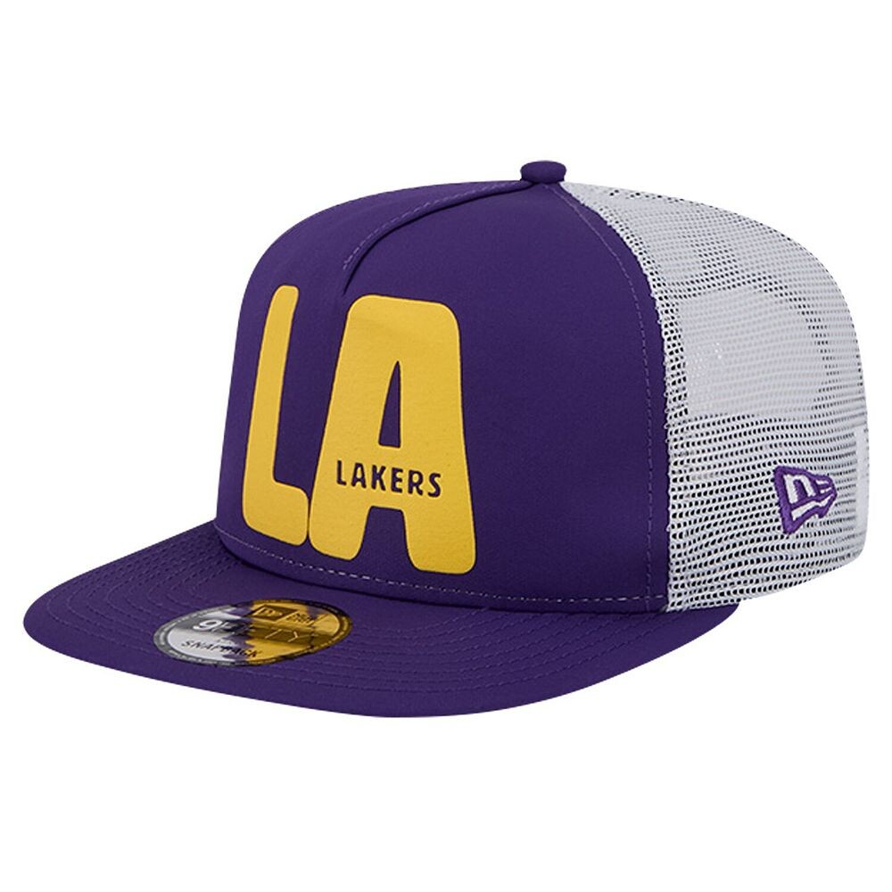 

Мужская кепка New Era Purple Los Angeles Lakers с пышным принтом Team Code A-Frame 9FIFTY Trucker Snapback Hat, цвет Lak Purple