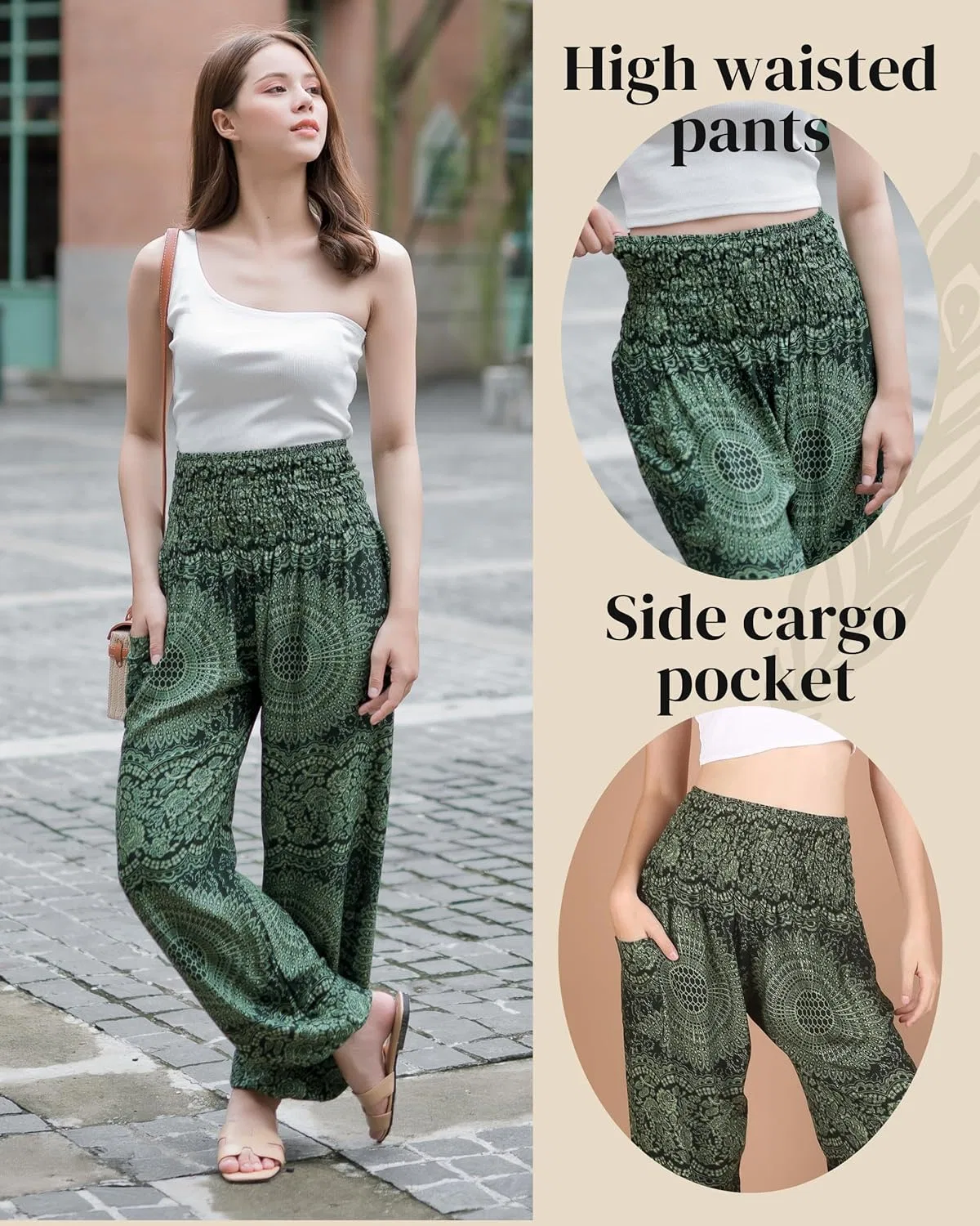 Boho Pants | Женские шаровары с карманами | Мягкая и дышащая струящаяся пижама | Мягкие штаны для йоги | Одежда в стиле хиппи для женщин, Mandala Green — фото 4