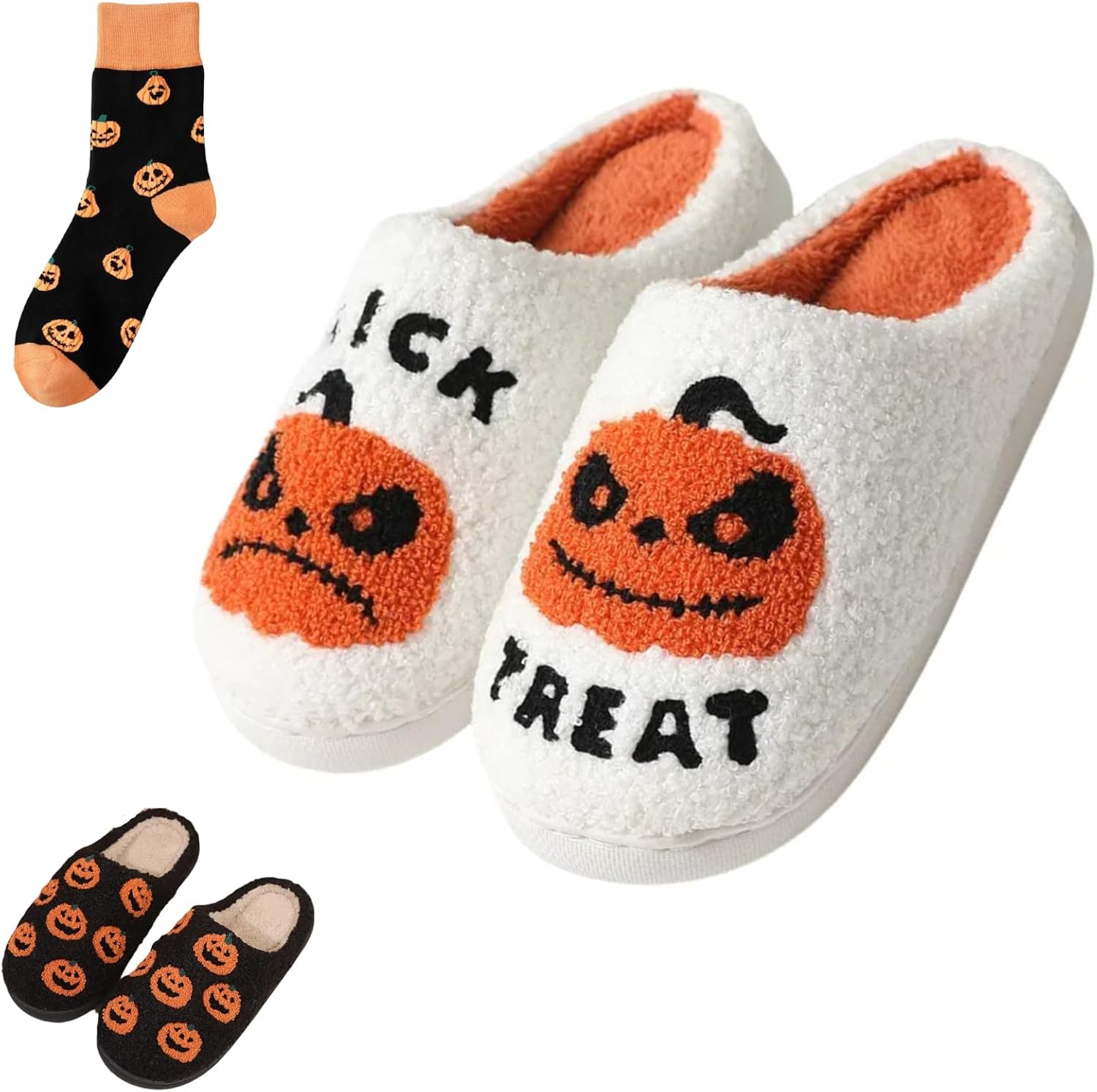 

Тапочки и носки с тыквой на Хэллоуин для женщин и мужчин, милые и жуткие, нескользящие, мягкие, для дома, на осень Elirar, белый