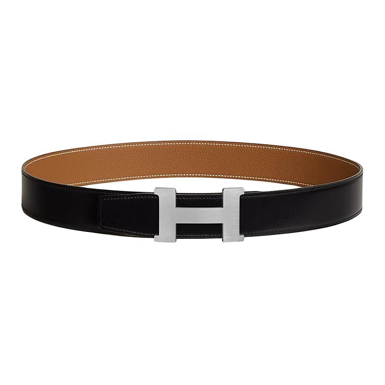 

HERMES Ремень из телячьей кожи унисекс черный с золотом 3,8 см, Black/Gold