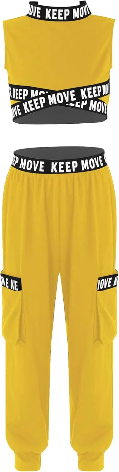 Детский спортивный костюм с принтом Keep Move, Moggemol, топ и леггинсы, Yellow Sleeveless
