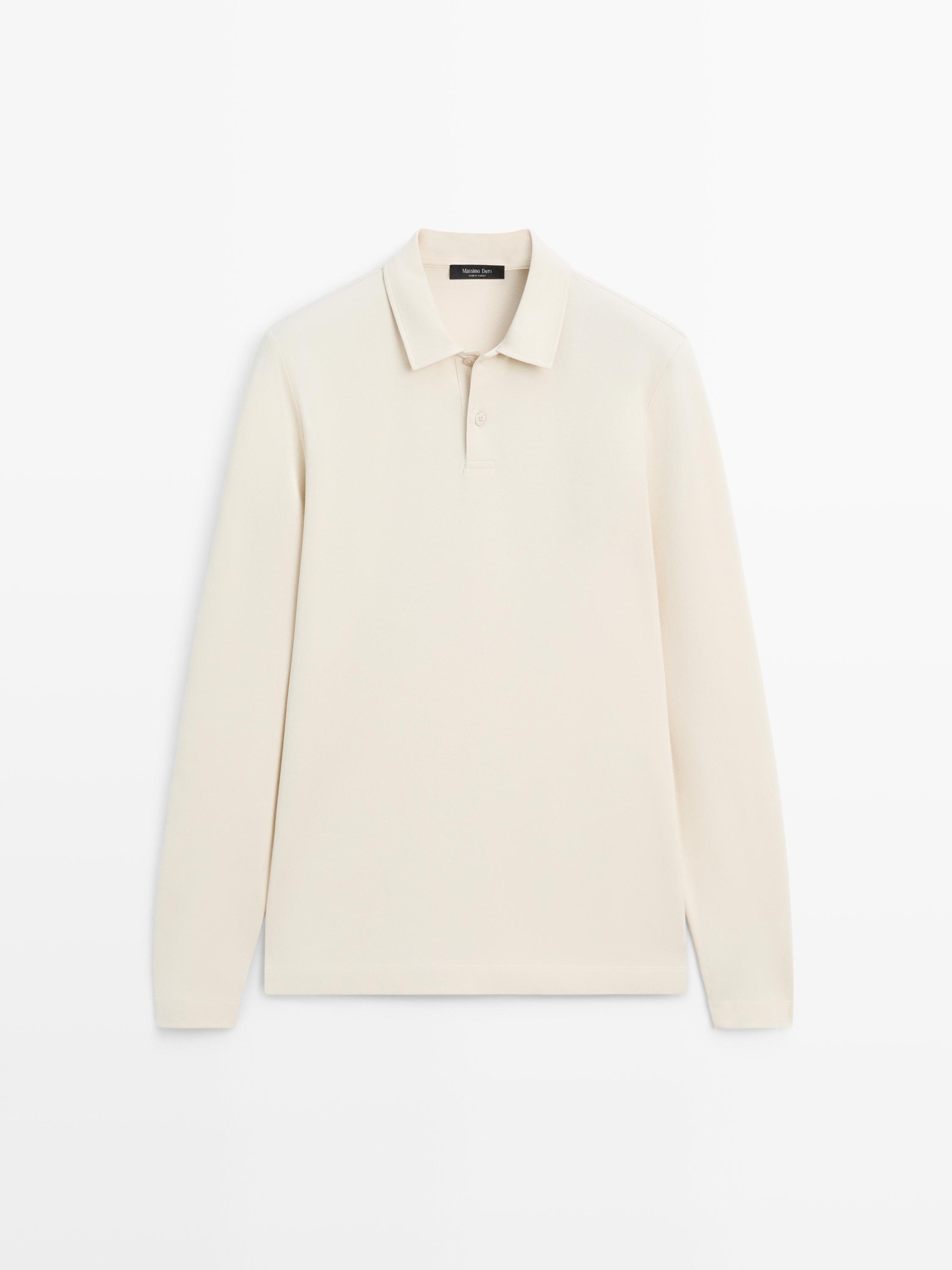 Поло из мерсеризованного хлопка пике с длинным рукавом Massimo Dutti, ivory — фото 2
