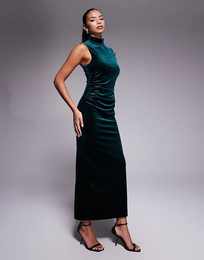 

Длинное бархатное платье без рукавов с высоким воротом ASOS DESIGN темно-зеленого цвета