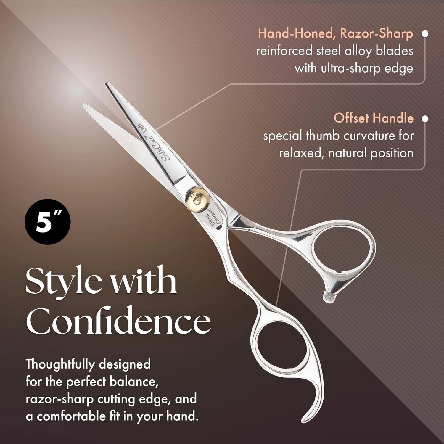 Набор для начинающих Olivia Garden SilkCut Shears - включает профессиональные ножницы для стрижки волос, филировочную машинку, футляр и аксессуары - острые как бритва ножницы для левшей 5" для левшей (модель SKC01LH), Silver — фото 3