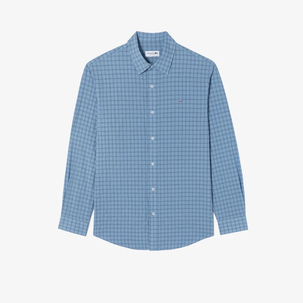 Рубашка мужская Lacoste сирсакер в клетку, с длинным рукавом, бирюзовая