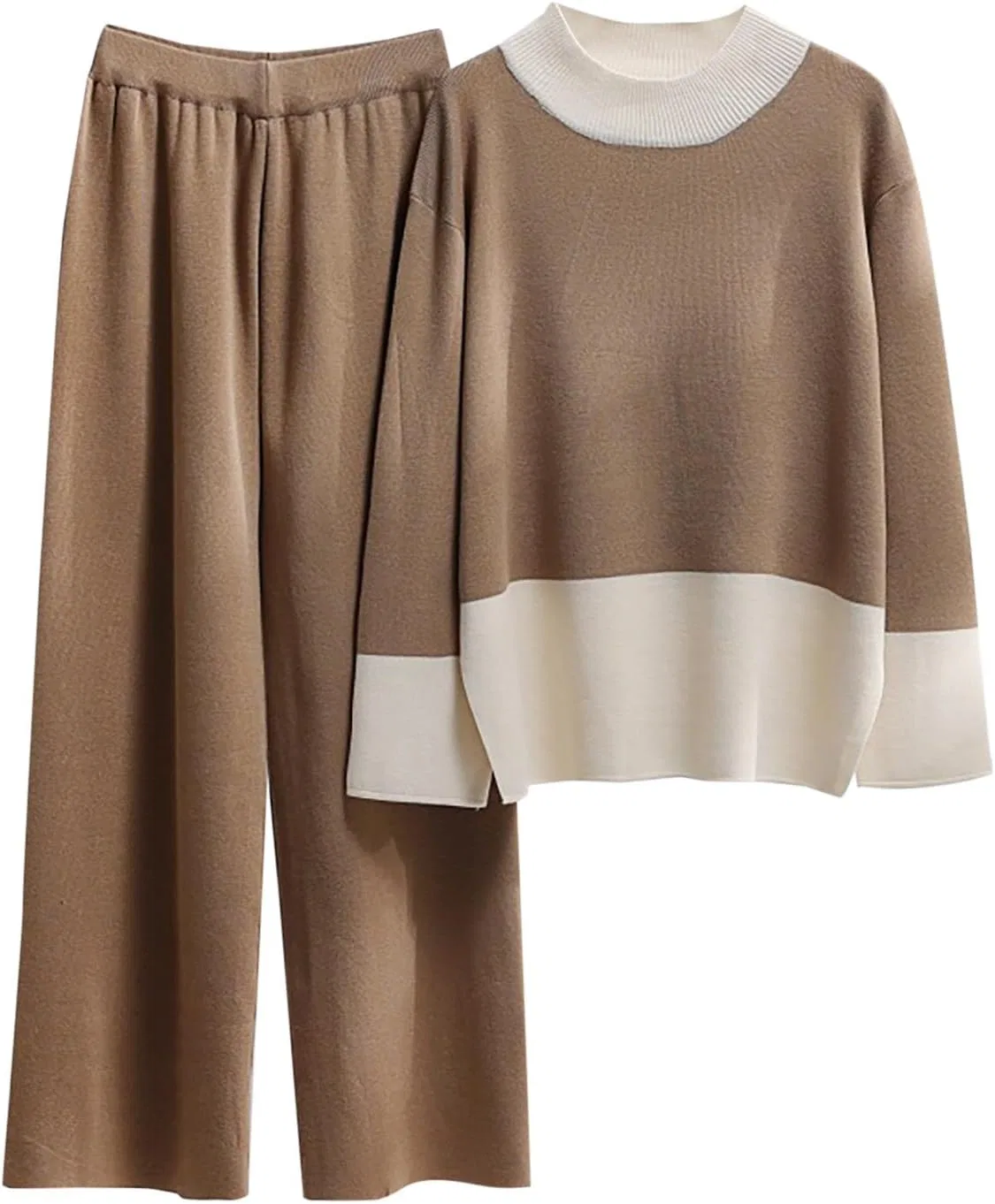 Женский спортивный костюм Ribbed Knit, пуловер с длинным рукавом и широкие брюки, A03_brown