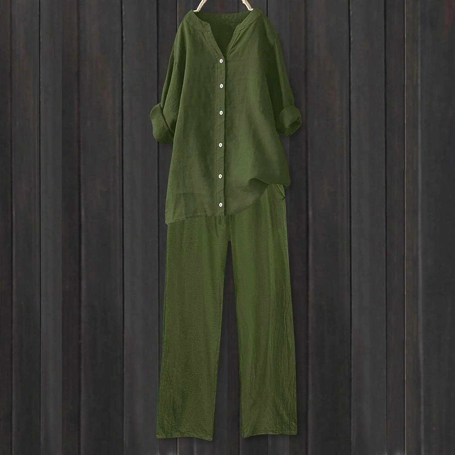 Женский костюм из льняной ткани, рубашка и брюки, Army Green — фото 2