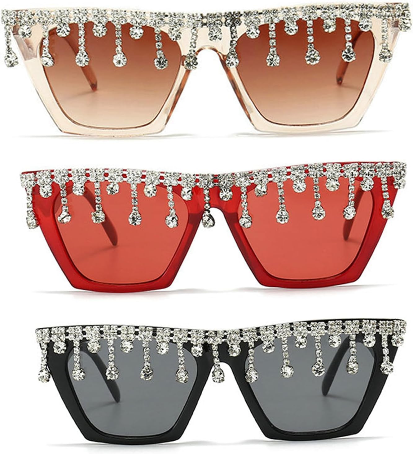 

Солнцезащитные очки Willochra Fashion «Кошачий глаз» с кисточками и стразами, женские солнцезащитные очки с хрустальными кисточками, уникальные блестящие очки с бриллиантами, 3pcs-black&red&champagne