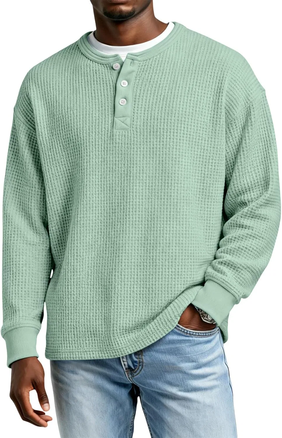 Мужская футболка поло с длинным рукавом, вафельная вязка, оверсайз, Light Green