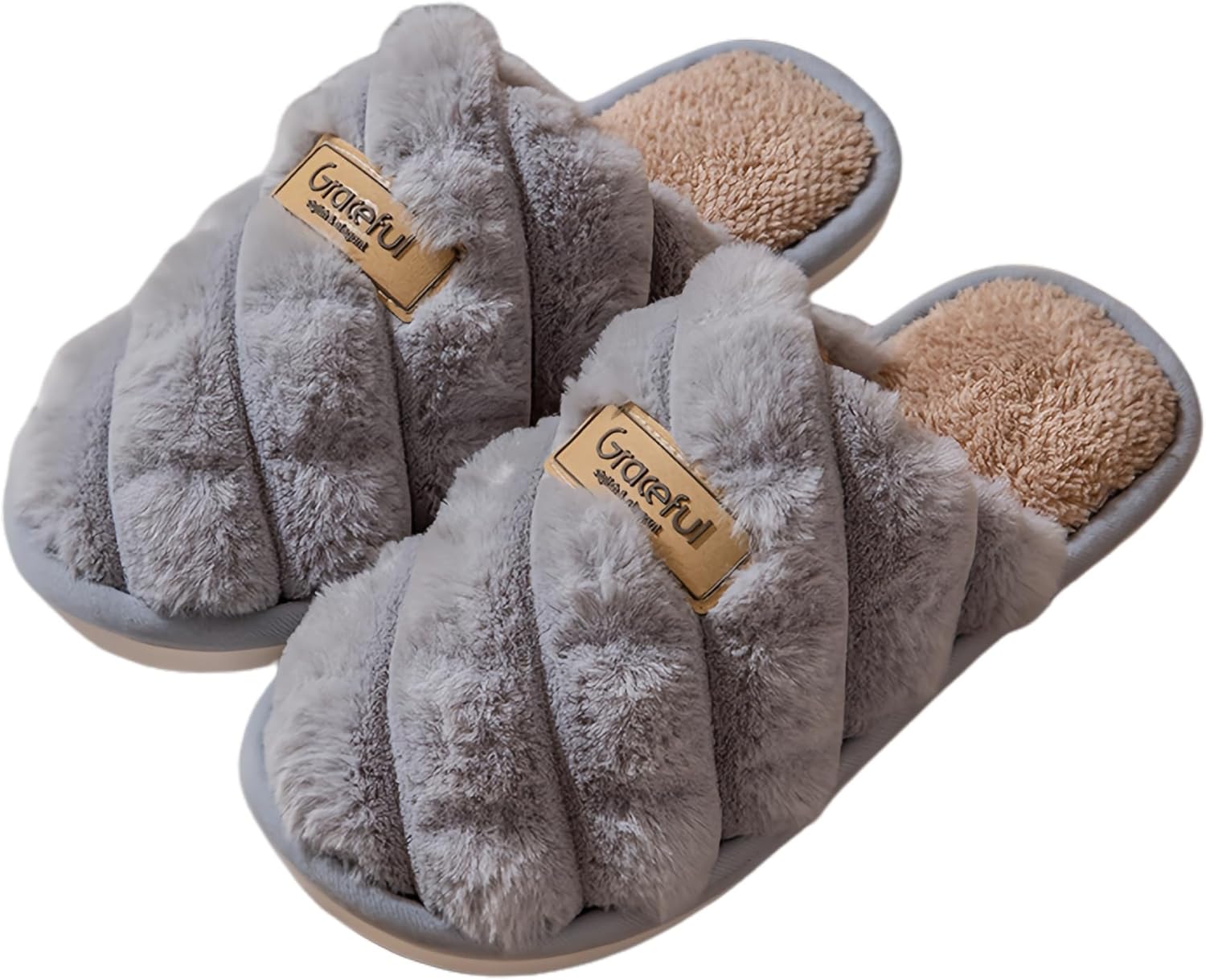 

Удобные мягкие плюшевые тапочки для женщин и мужчин с нескользящей подошвой и перекрестным ремешком для дома и повседневного ношения круглый год Jaewomo, серый