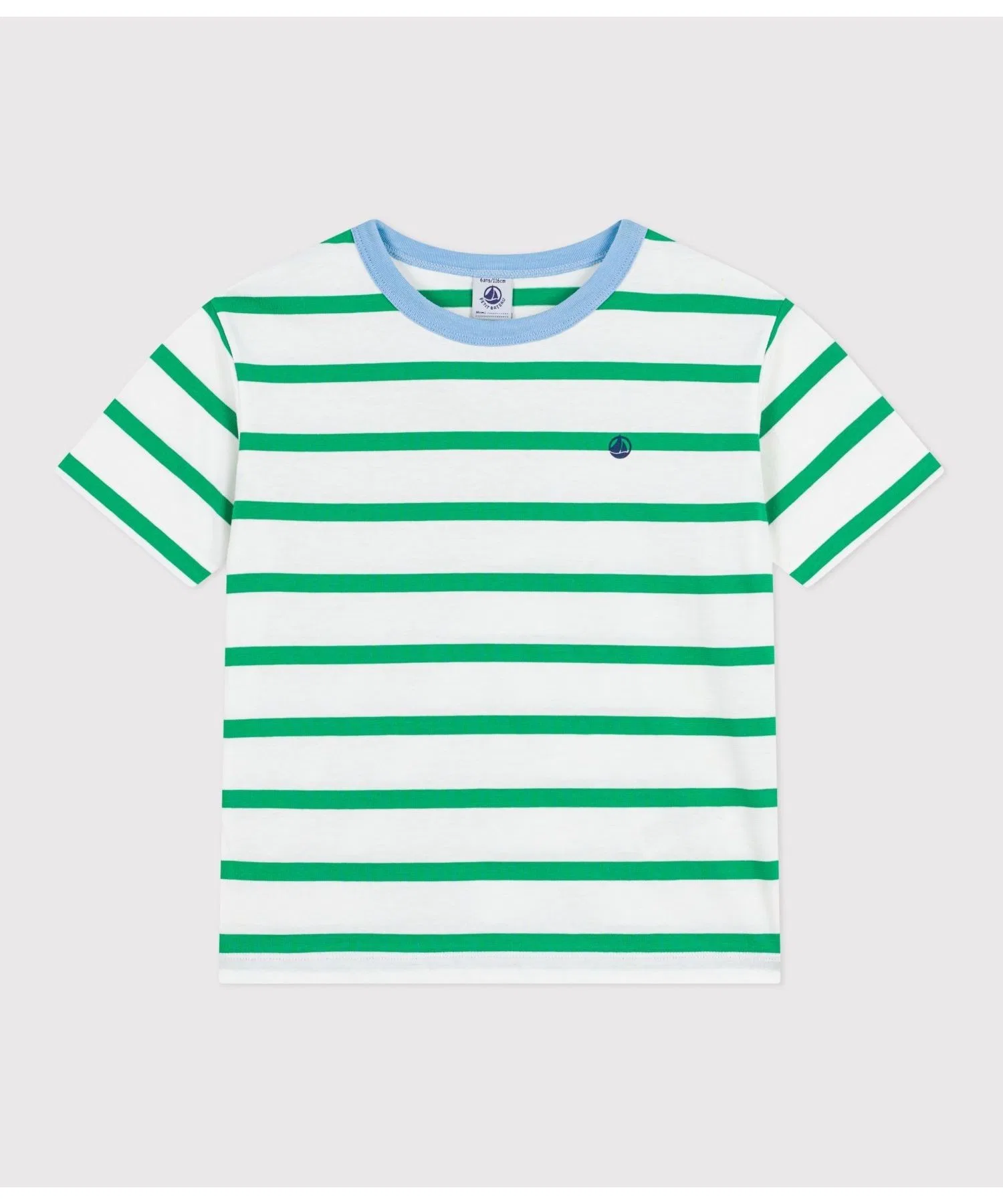 Детская футболка в полоску Petit Bateau с логотипом бело-зелёная
