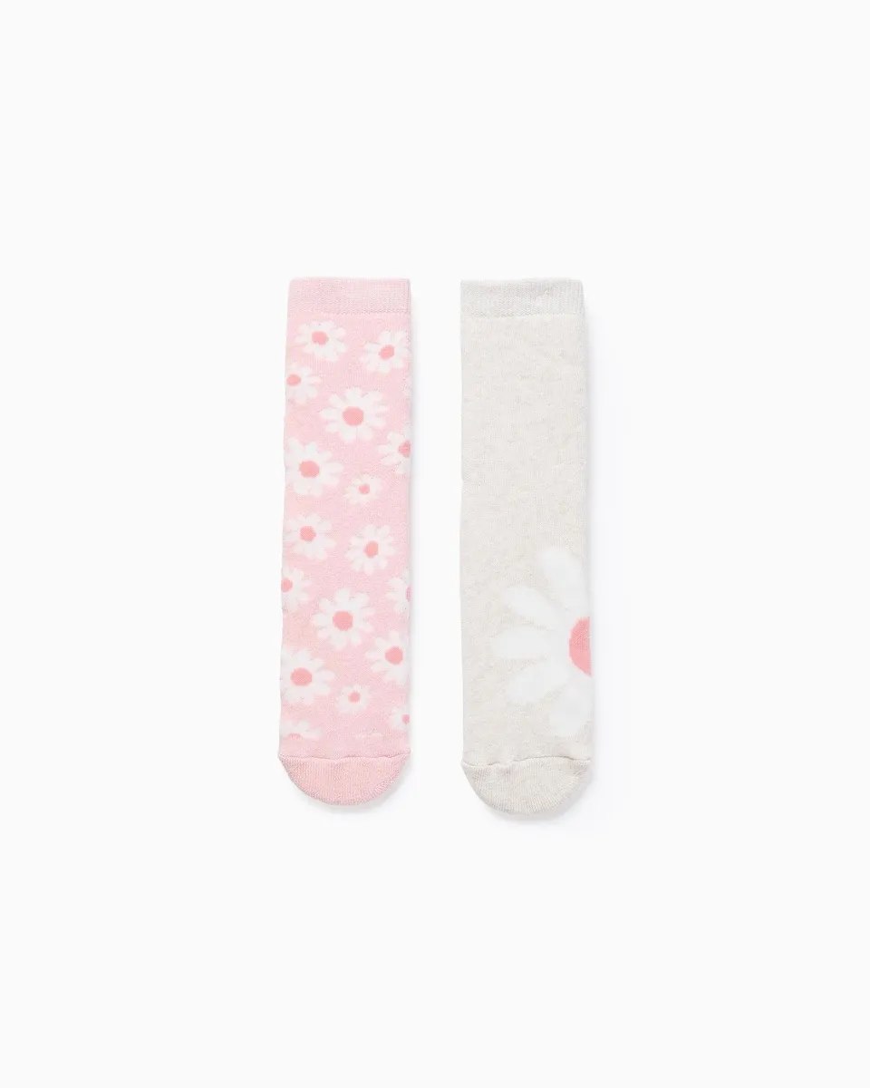 

Набор из 2 вязанных носков для девочек с цветочным узором, противоскользящие Zippy, розовый