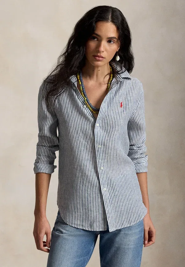 Классическая рубашка-поло с полосками из льна, на пуговицах Polo Ralph Lauren, темно-синий/белый