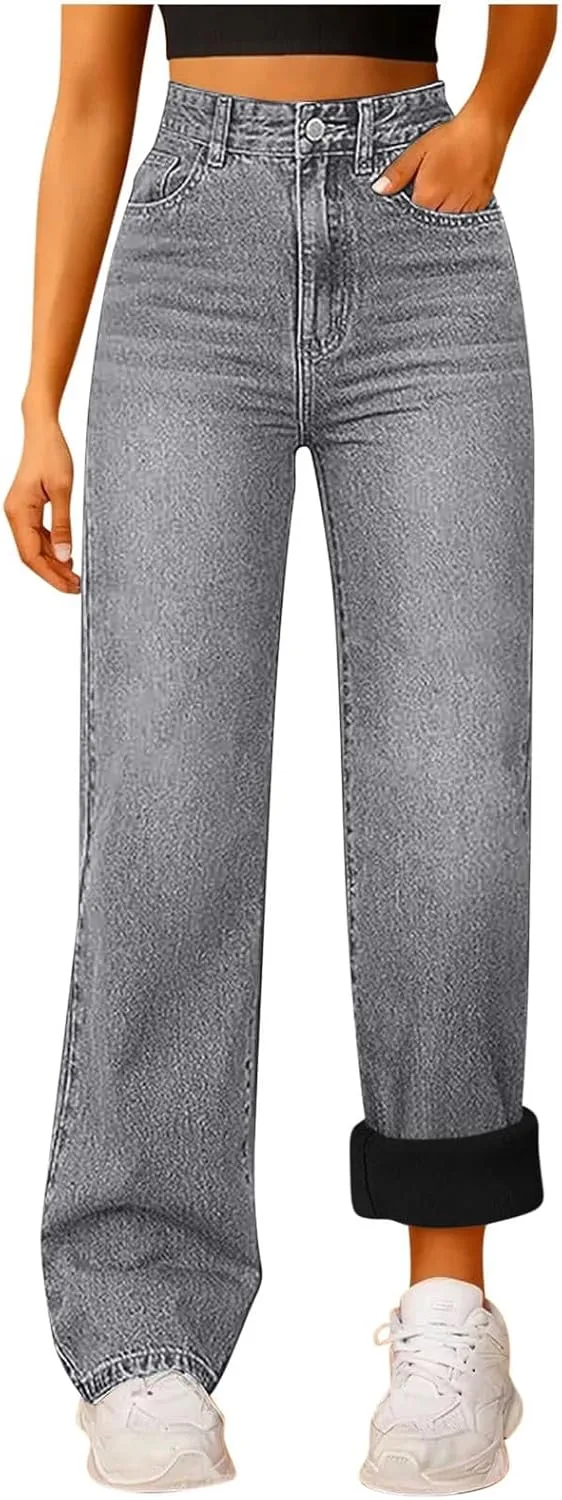Утепленные джинсы женские high waisted wide leg