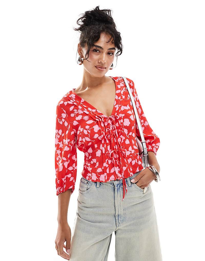 

Mango 2013 Красно-розовый топ с завязкой спереди с цветочным узором