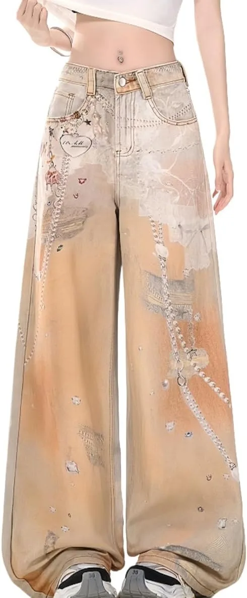 

Y2k unisex винтажные джинсы baggy wide leg с 3d цепным кружевным принтом grhaat