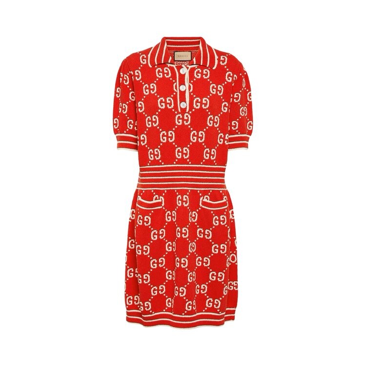 

Платье Gucci GG Cotton Jacquard Polo Dress, цвет Red/Ivory