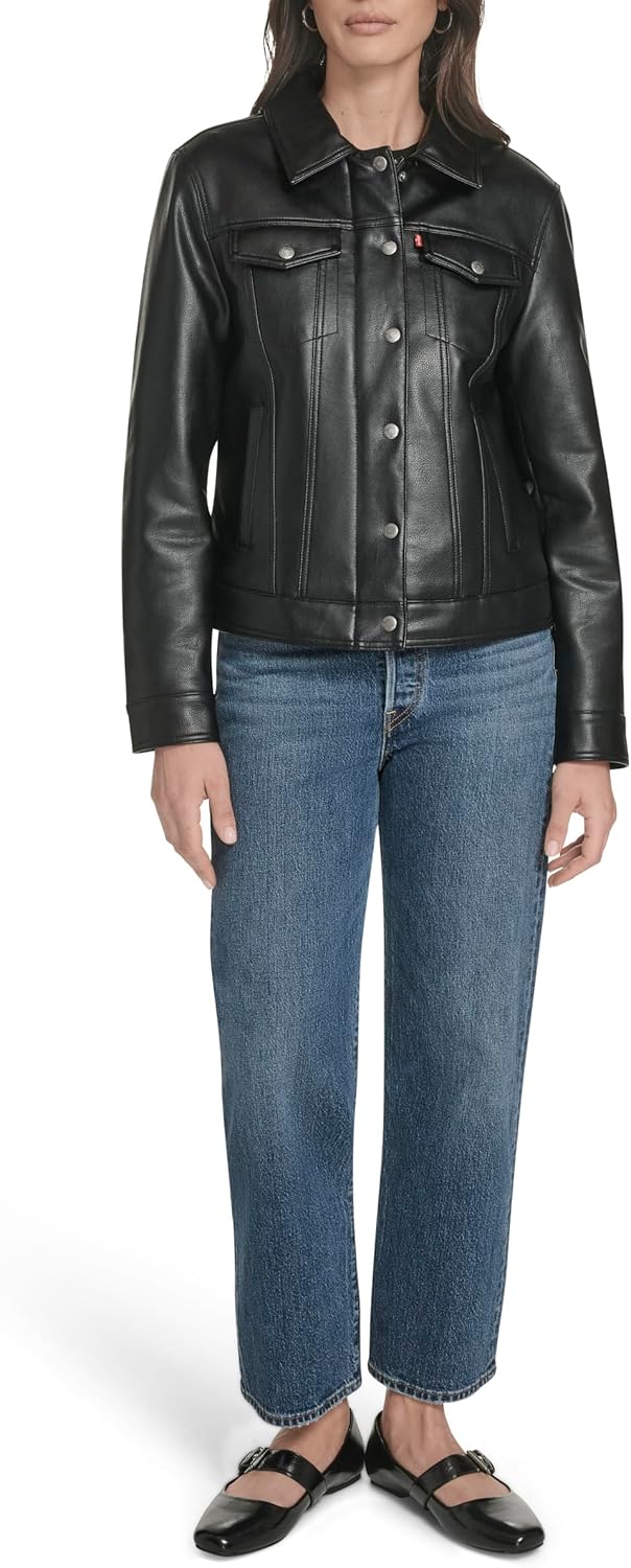 Женская классическая куртка Levi's Trucker с подкладкой из шерпы (стандартные и большие размеры), Black Faux Leather — фото 2