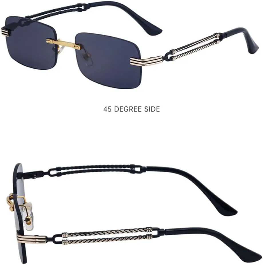 

Маленькие прямоугольные солнцезащитные очки без оправы для мужчин в винтажном панк-стиле, солнцезащитные очки без оправы, защита от УФ-излучения UV400 HDUBFY, 4