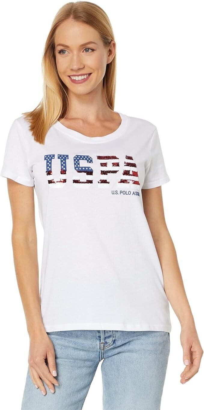 

Футболка U.S. Polo Assn. женская XL белая с пайетками флаг круглый вырез