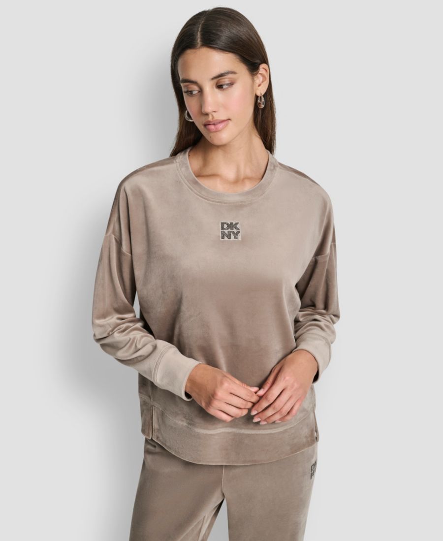 

Женская супермягкая велюровая блузка с круглым вырезом и стразами и логотипом DKNY, Taupe