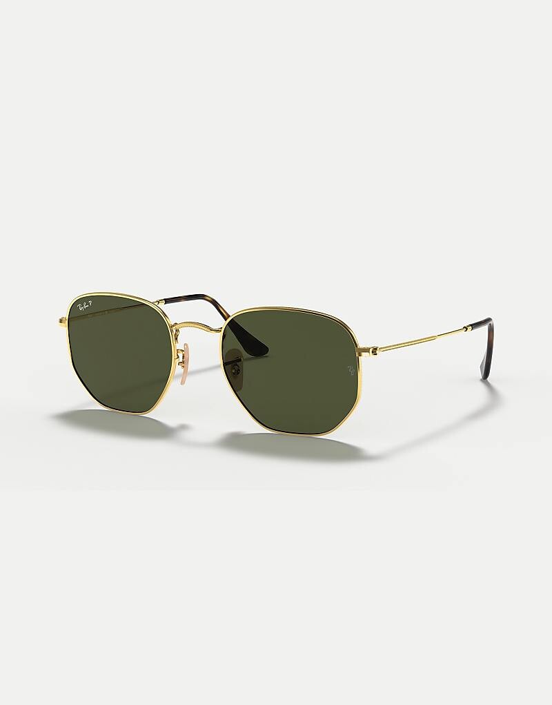 

Ray-Ban — плоские поляризационные солнцезащитные очки неправильной шестиугольной формы золотого цвета с зелеными линзами