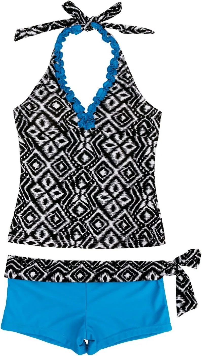 Детский купальник-танкини Mufeng для девочек, состоящий из двух частей: топа и шорт, модный комплект бикини с завязками на шее, синий