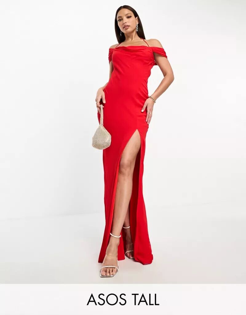 

ASOS DESIGN Tall — асимметричное платье макси красного цвета с короткими рукавами, открытой спиной и шнуровкой