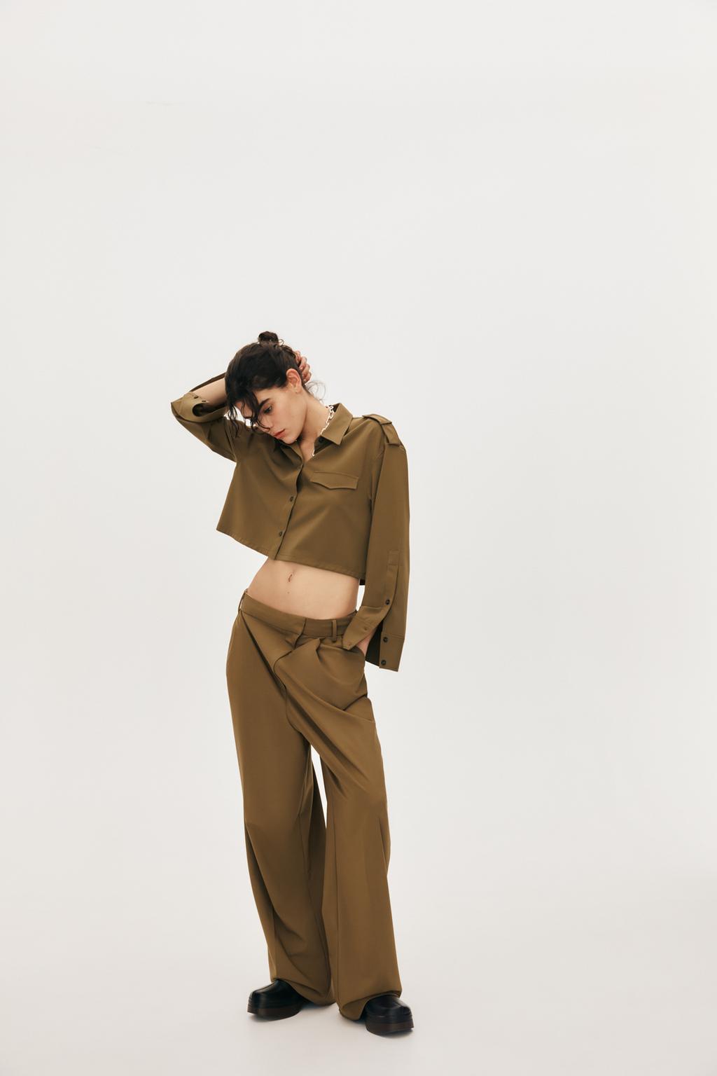

Укороченная рубашка с хлядками ZARA, цвет Oil