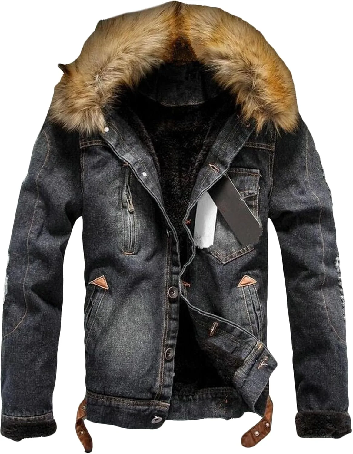 Мужская джинсовая куртка с подкладкой из шерпы, потертая, с искусственным меховым воротником, флисовая зимняя куртка-тракер Generic, черный