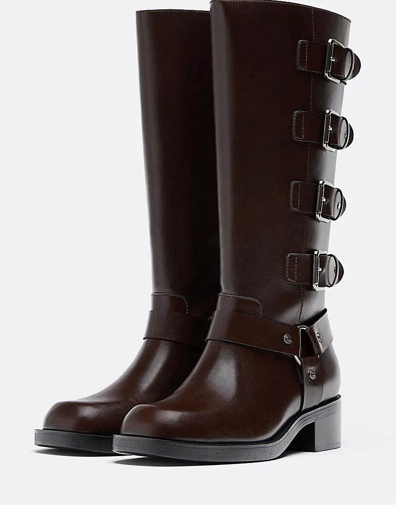 Ботинки Stradivarius Flat с потертостями и пряжками коричневого цвета — фото 3