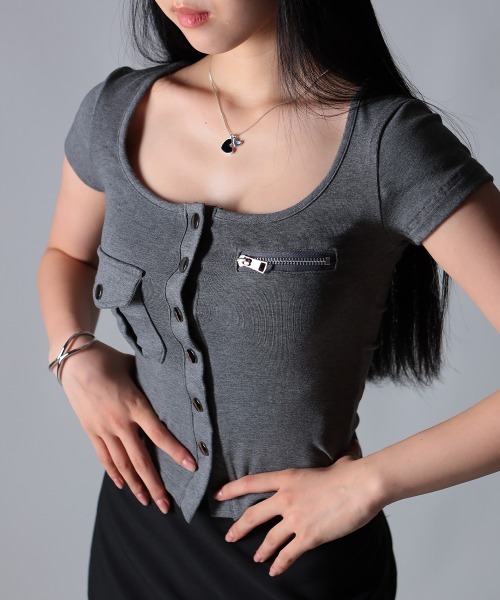 

Футболка приталенная с карманом на молнии NANAHACHI, серый