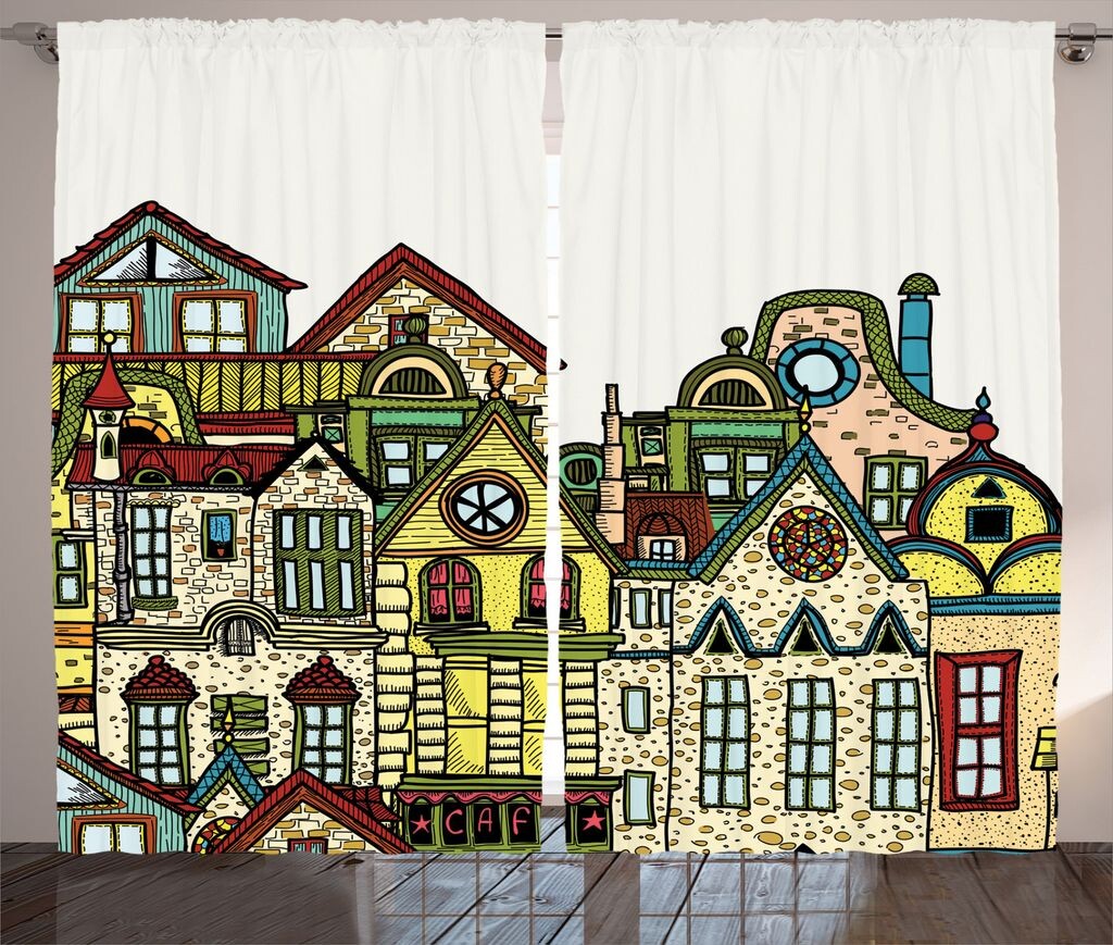 

ABAKUHAUS Карикатурная деревенская штора, Искусство Старого города, Универсальные ленточные шторы для гостиной с петлями и крючками, 280 x 260 см, Зеленый Бежевый