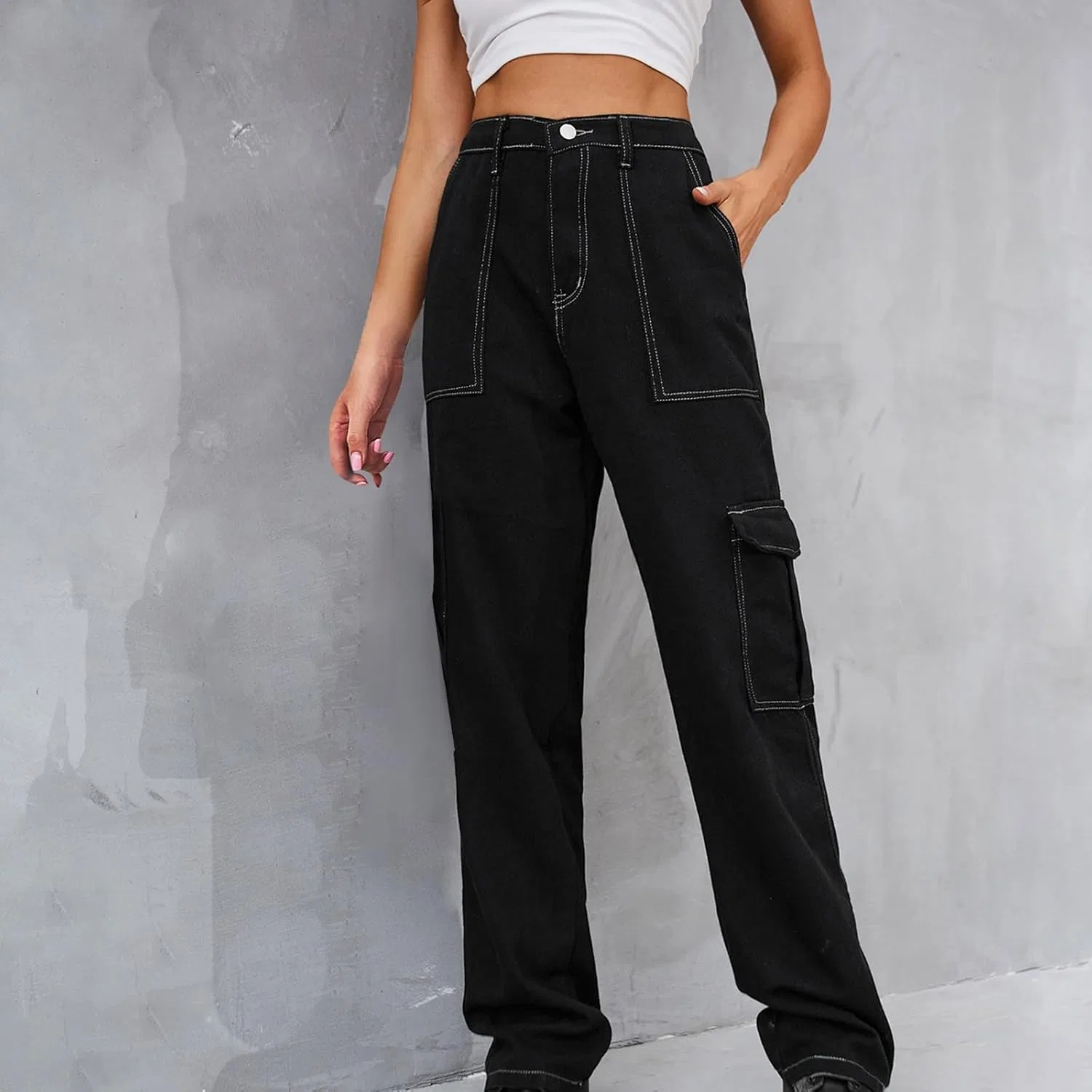 Джинсы карго, прямые, Women High Waisted Cargo Jean Pants, синие — фото 3