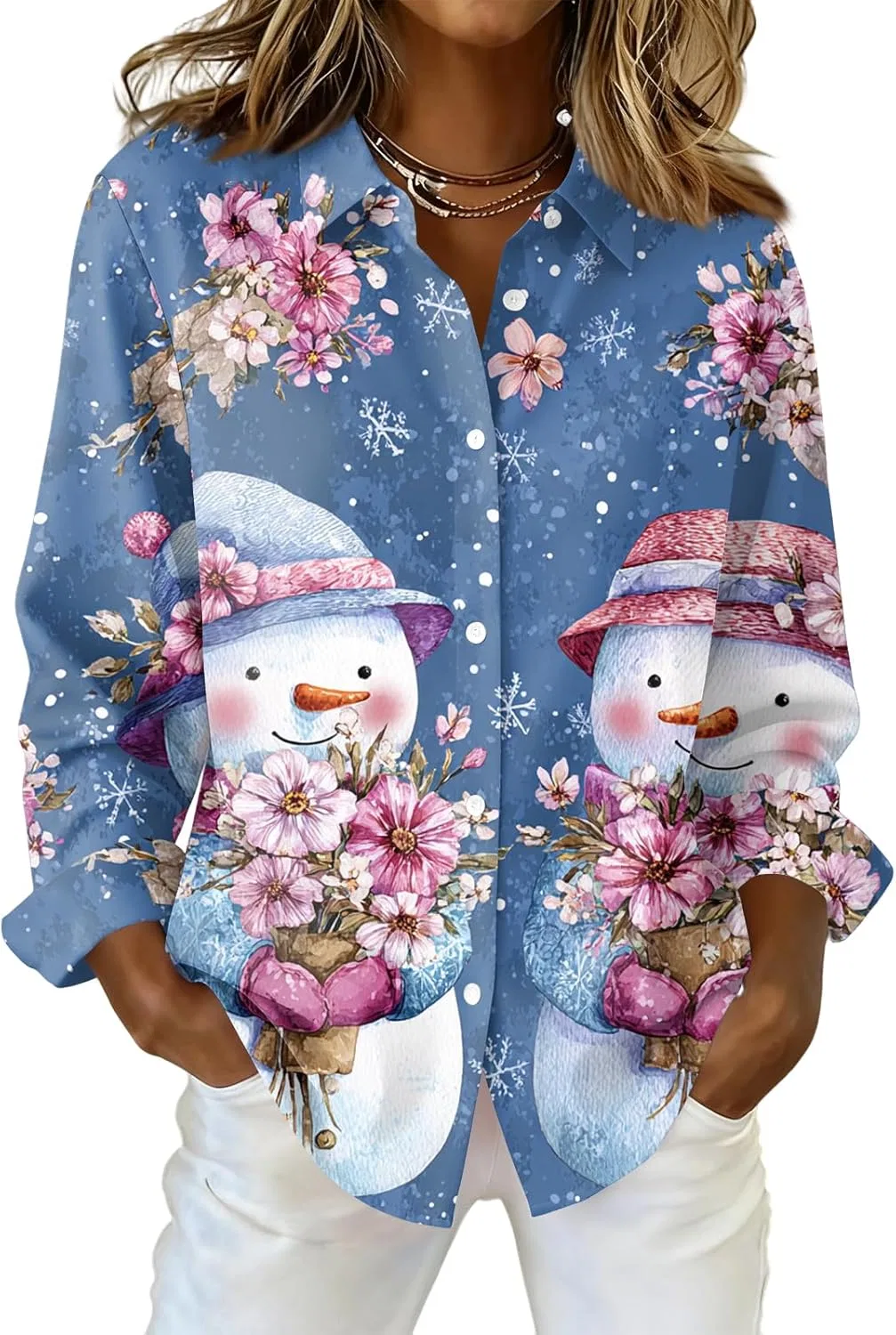 Женская блуза с рождественским принтом, Long Sleeve, Casual Oversized, Button Down, 1-sky Blue