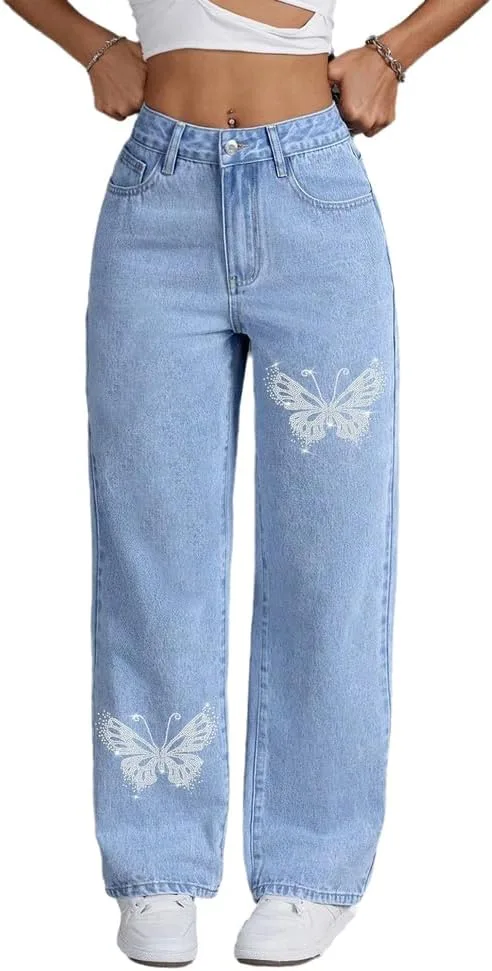 

Женские джинсы с пайетками и бабочками YADMISU