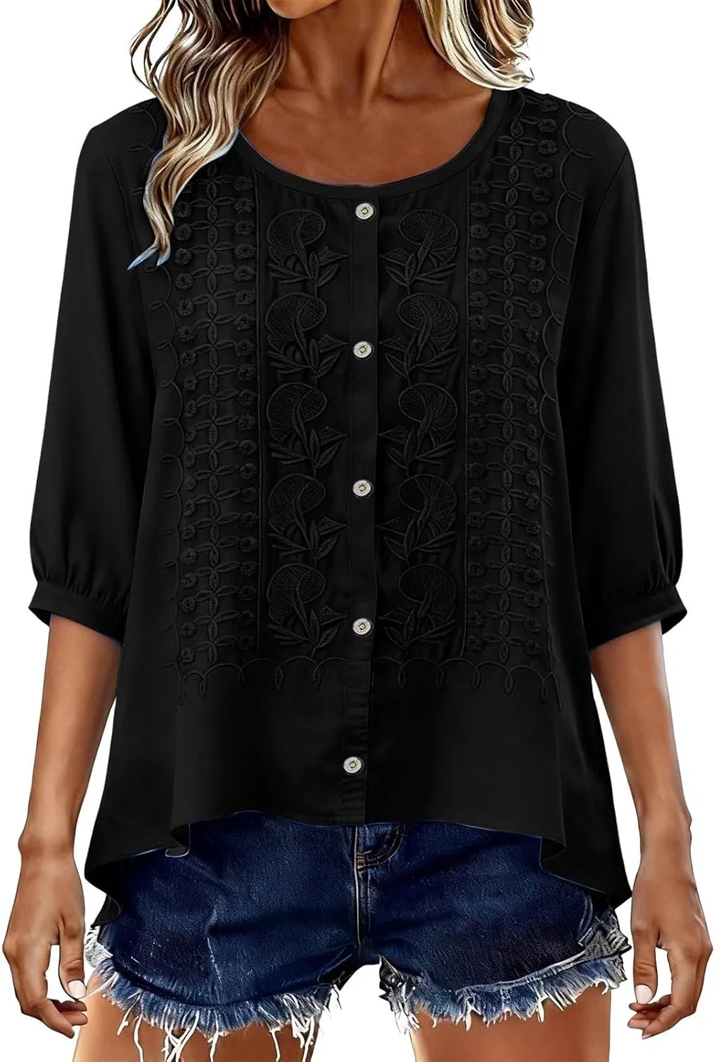 Блуза, круглая горловина, короткий рукав, Oversize, черный — фото 4