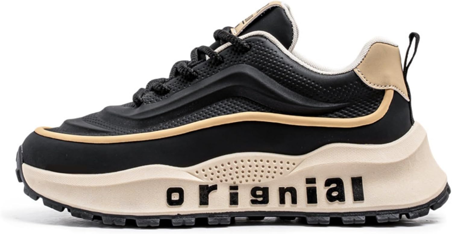 

Мужские дышащие кожаные кроссовки на шнуровке с платформой, модные повседневные, противоскользящие, амортизирующие, для ходьбы и тренировок, кроссовки для папы Khwfjas, черный