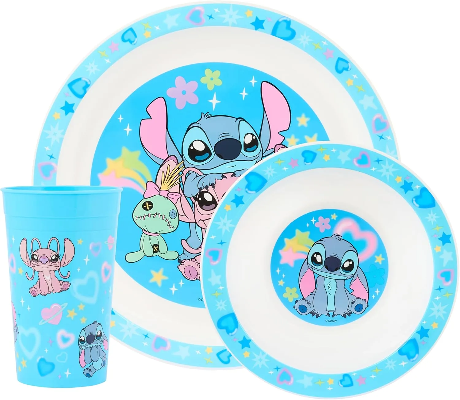 Набор детской посуды Stitch из 3 предметов: тарелка, миска и чашка с изображением Stitch, Lilo и Scrump, безопасен для микроволновой печи и посудомоечной машины, подходит для детей от 36 месяцев Disney