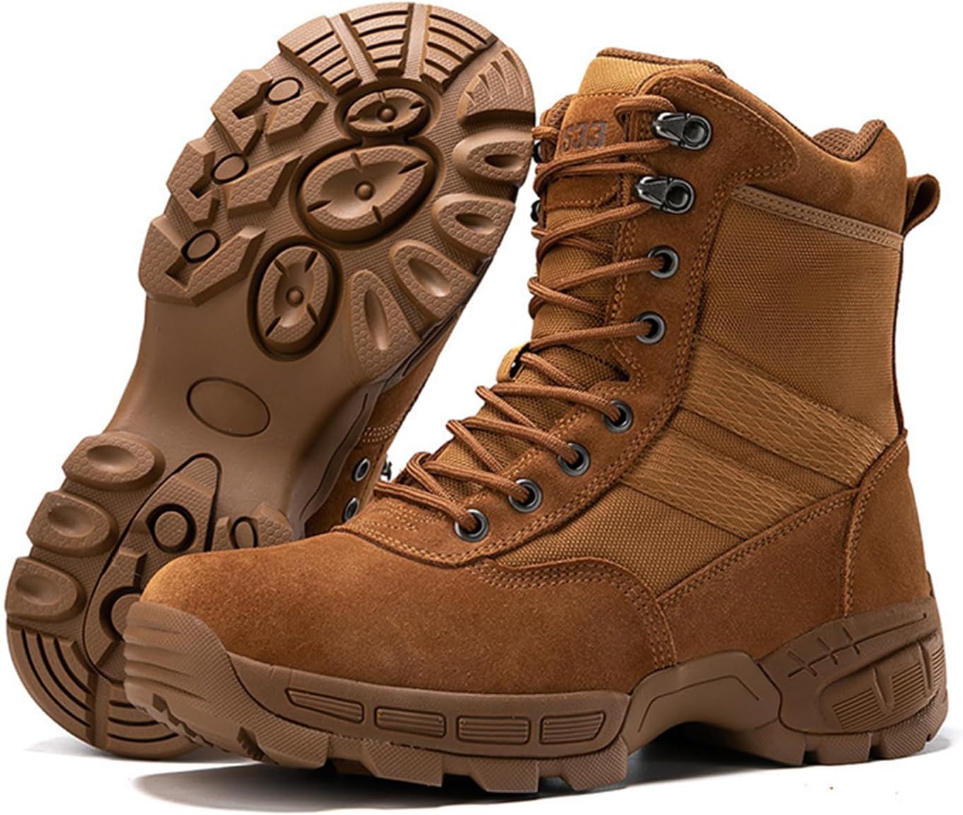 

Мужские тактические боевые ботинки OXNEUHG из натуральной кожи, модные с круглым носком, боковой молнией и шнуровкой, для походов, удобные для работы на улице, езды на мотоцикле и пустынной местности, коричневый