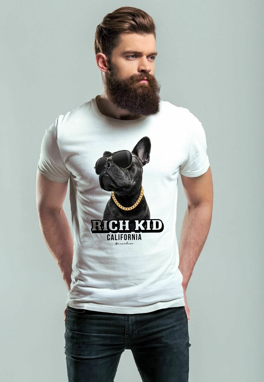 

Футболка с принтом RICH KID CALIFORNIA IRONISCHES STATEMENT BULLDOGG Neverless, белый