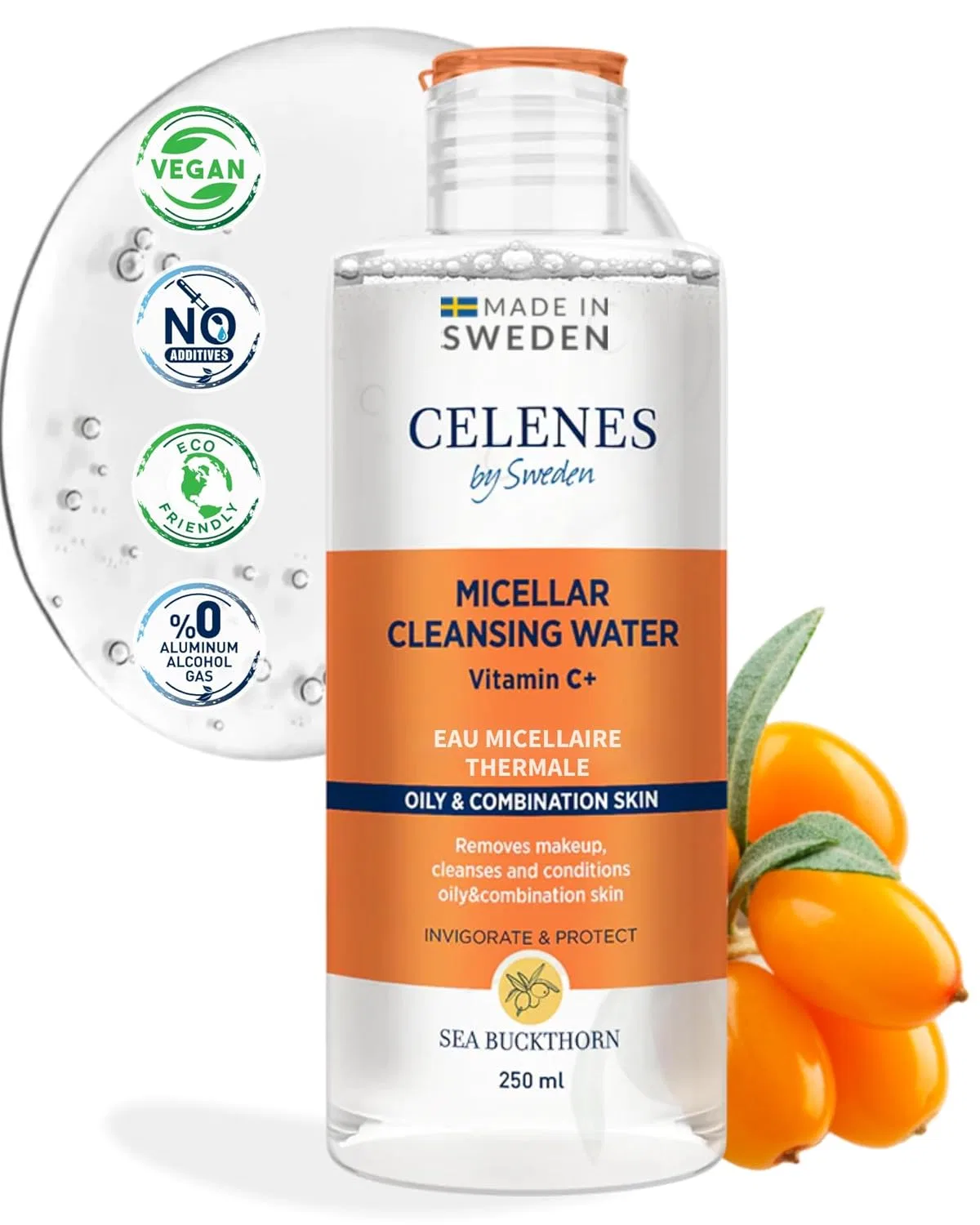 Усовершенствованная мицеллярная очищающая вода Celenes by Sweden с облепихой и витамином C, 250 мл Celenes By Sweden