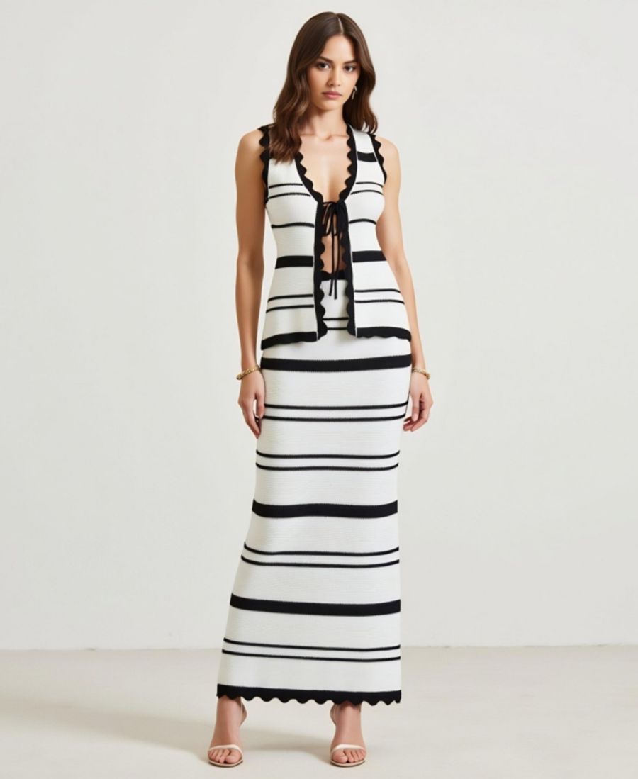 

Женский комплект из полосатого трикотажного топа и длинной юбки Modenaire, Black/white stripe