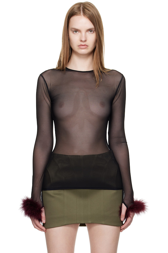 

Mugler Черная сетчатая футболка с перьями марабу