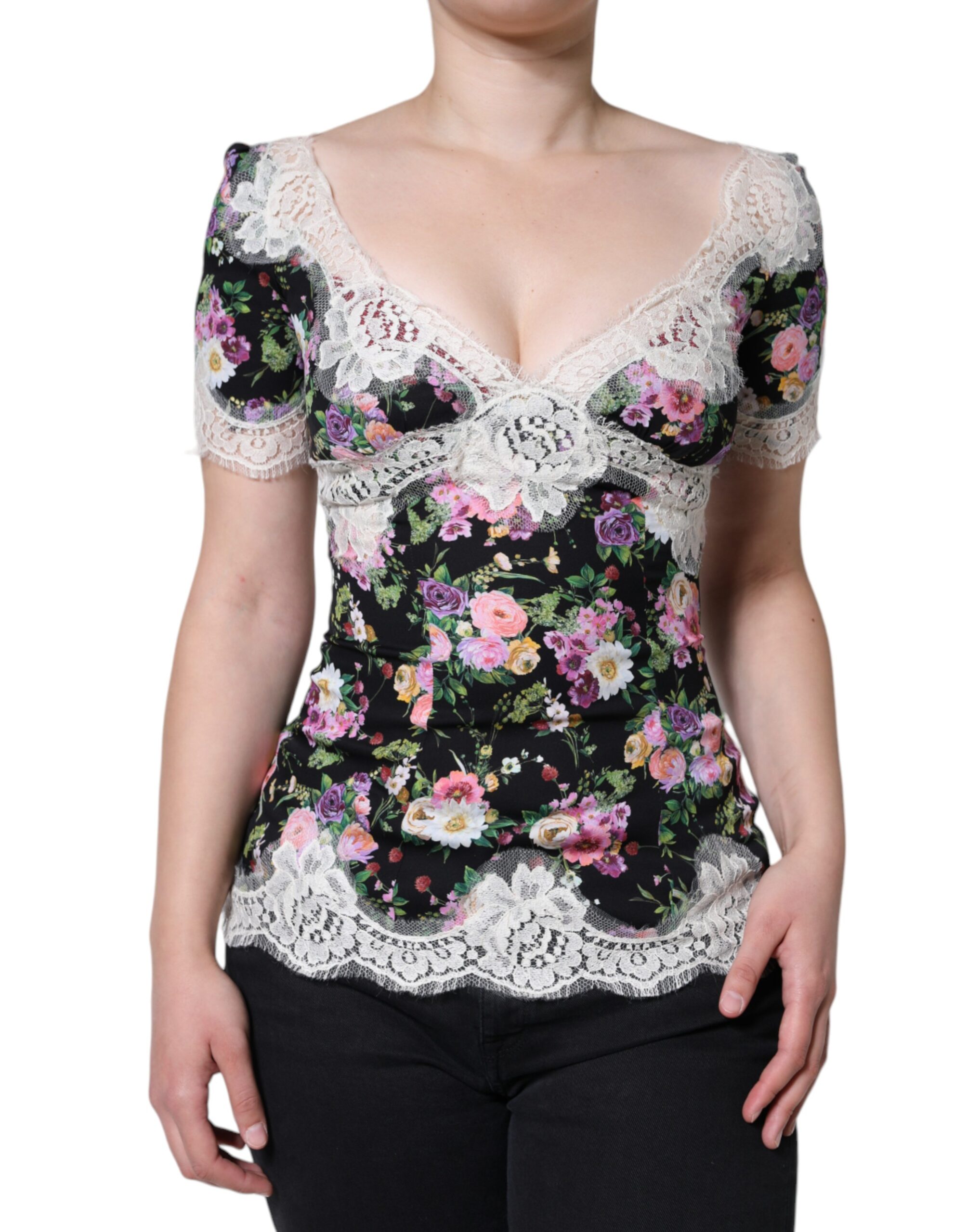 

Черная блузка с короткими рукавами и цветочным кружевом Dolce & Gabbana