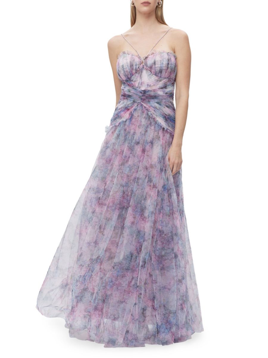 

Платье из тюля с плиссировкой и бретельками-халтер Zac Posen, цвет Pink Floral Multi
